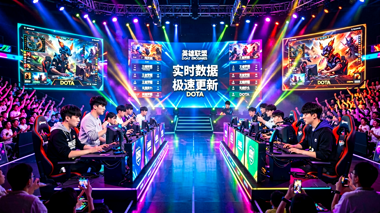 电竞比赛现场灯光璀璨的舞台，选手在竞技对战